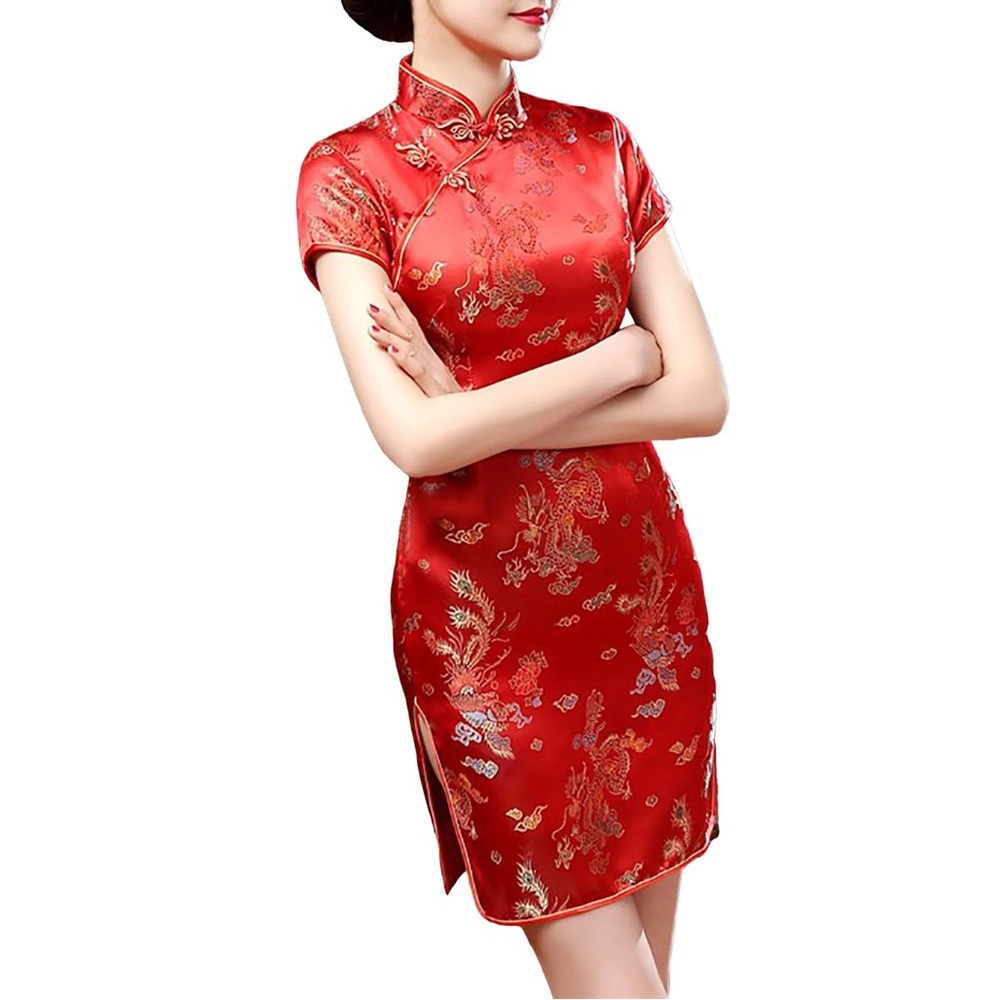 Chinese Asian Qipao Cheongsam Mini Dress XS Red Gold